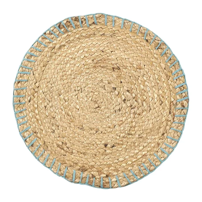 15In Natural Briaded Round Placemat With Blue Stitch