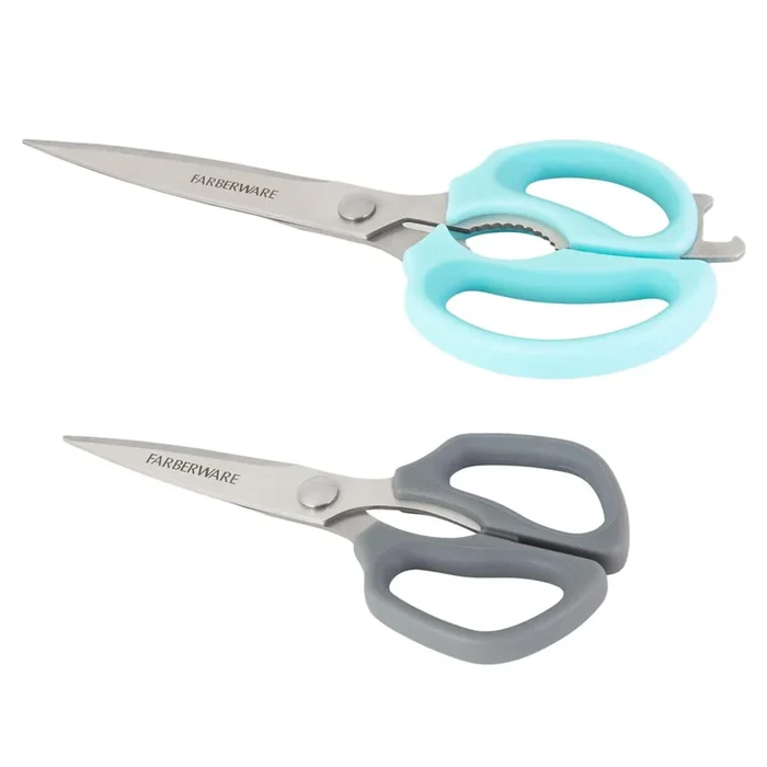 2-Piece Comfort Grip Kitchen Scissors, Aqua & Grey