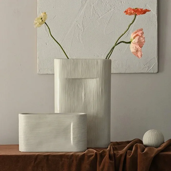 2- Piece Oval White Stripe Ceramic Flower Vases
