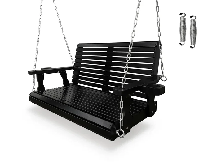 2-Seater Solid Wood Porch Hanging Swing , Bench Swing with Cup holders, Hanging Chains and 7mm Springs, Heavy Duty 800 LBS, for Outdoor Patio Garden Yard, 4 ft, Black