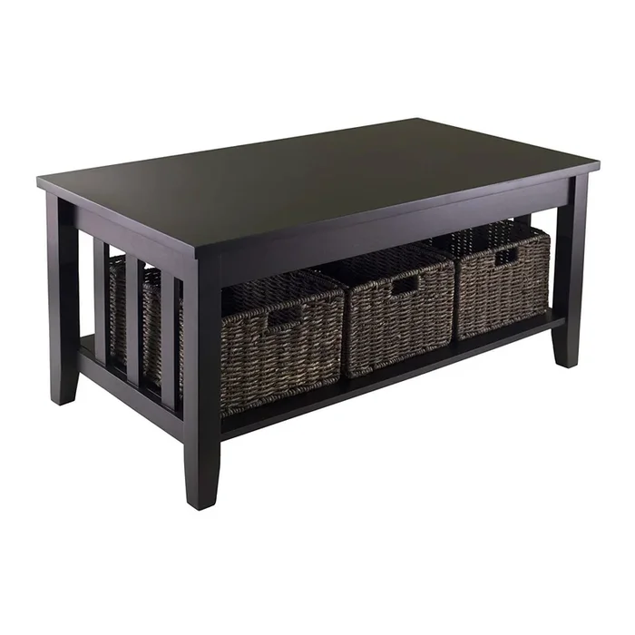 2-Tier Coffee Table with 3 Storage Baskets – Wooden Occasional Table for Living Room