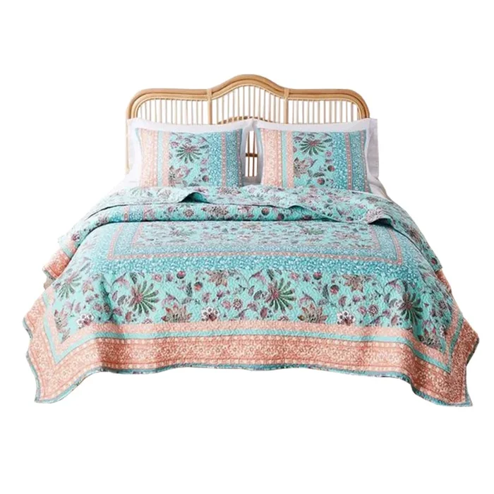 3 Piece Full Queen Quilt Set with Floral Print, Blue and White – Benzara