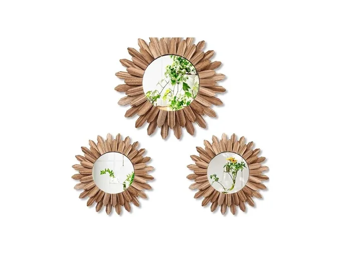 3-Piece Rustic Sunburst Mirror Set – 17″ & 12″ Boho Wood Wall Decor