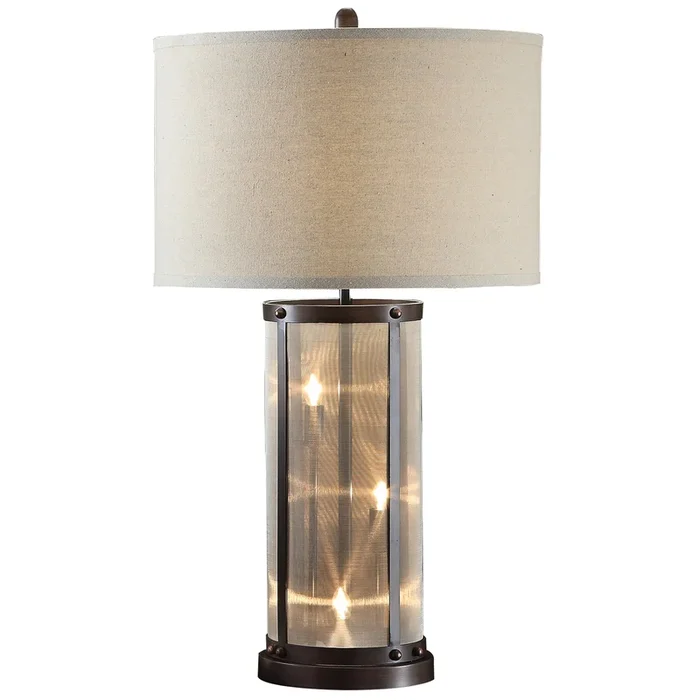 31 Inch Table Lamp, Classic Drum Fabric Shade, Modern Metal Base, Bronze – Benzara