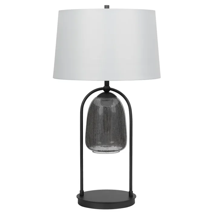 31 Inch Table Lamp, Crackled Black Glass w Night Light, White Shade – Benzara