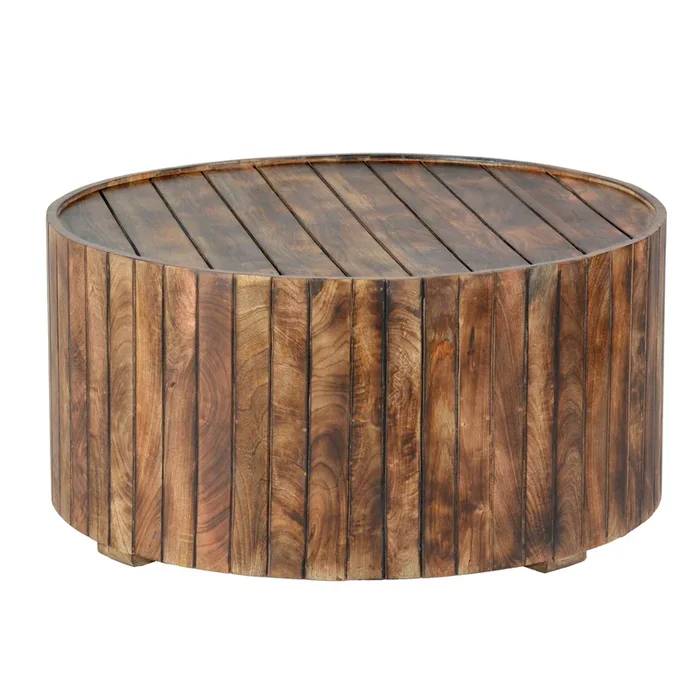 34 Inch Handmade Wooden Round Coffee Table with Plank Design, Burned Brown