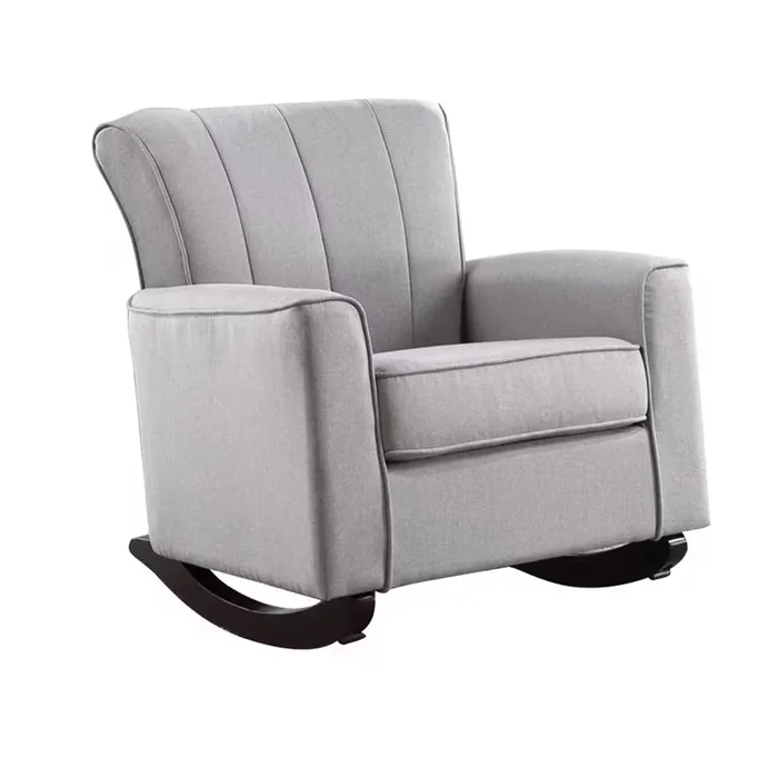 34 Inch Rocking Chair, Wood Frame, Vertical Channel Tufted Gray Linen – Benzara