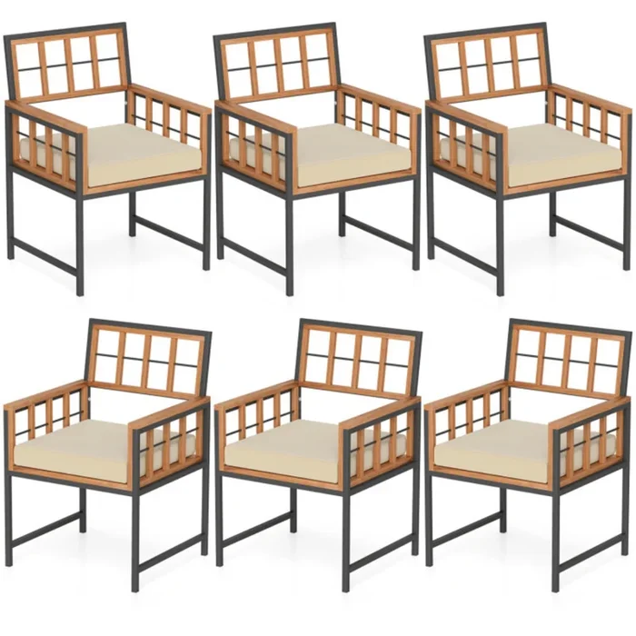 6-Piece Acacia Wood Patio Dining Armchairs with Removable Cushions
