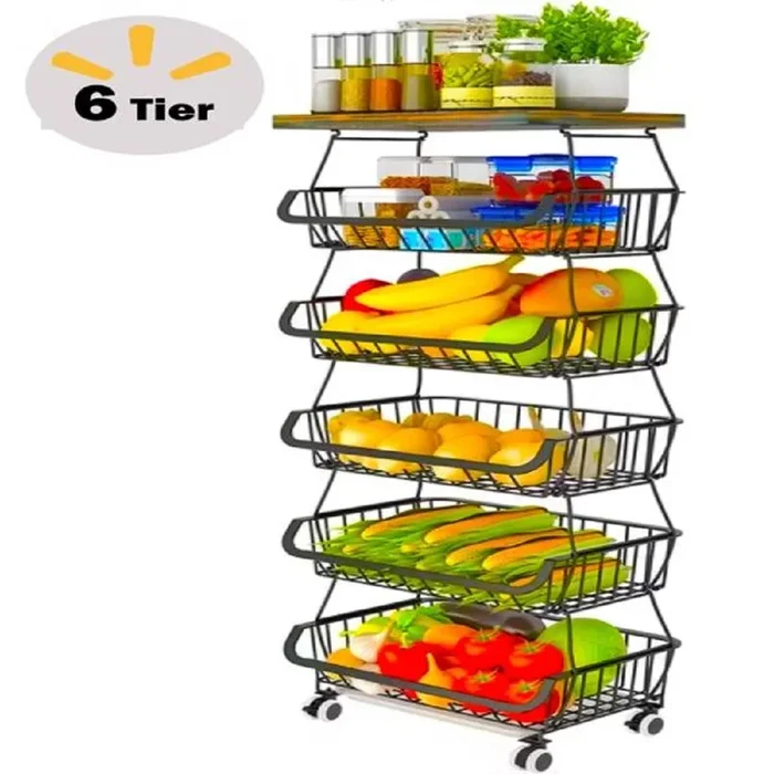 6-Tier Metal Wire Basket Cart with Wooden Top, Rolling Kitchen Storage Organizer