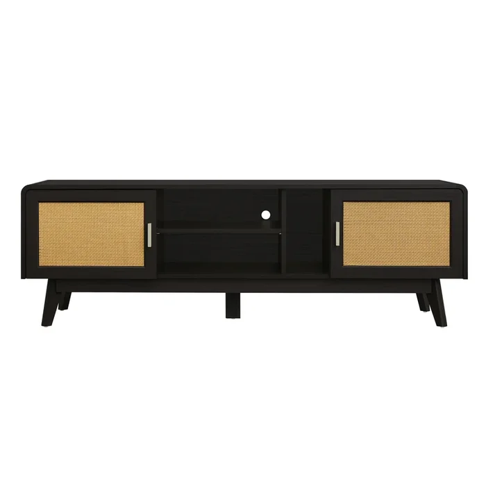 63” Dark Rattan TV Stand with 2 Storage Cabinets for 65 Inch TV, Entertainment Center with Solid Wood Legs, Media Console Table for Living Room, Bedroom