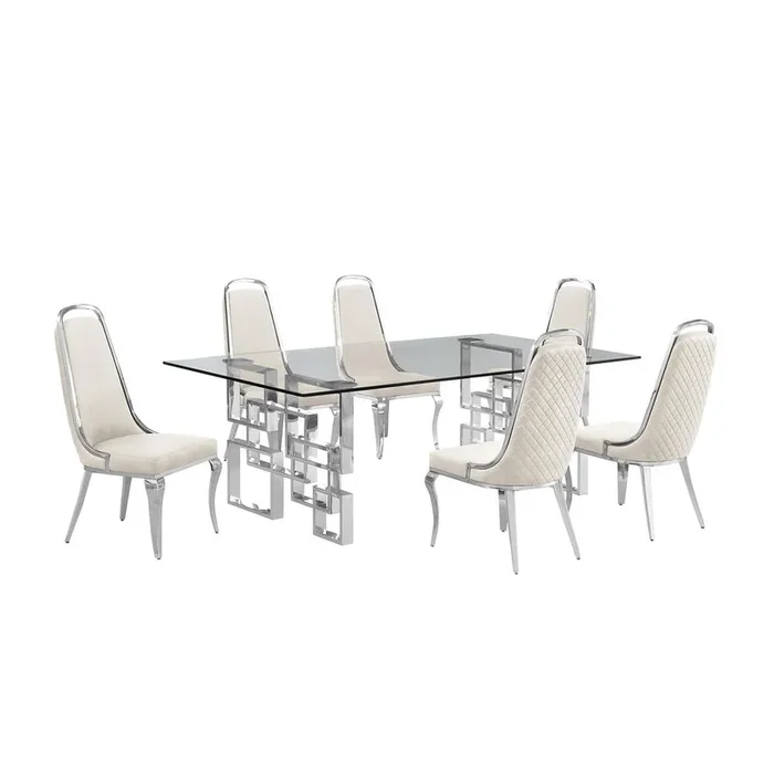 7-piece glam dining set with 6 Cream side chairs and one 95″ glass dining table