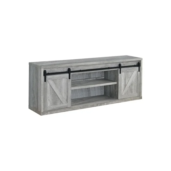 71 Inch Farmhouse Wooden TV Console With 2 Sliding Barn Doors, Gray – Benzara