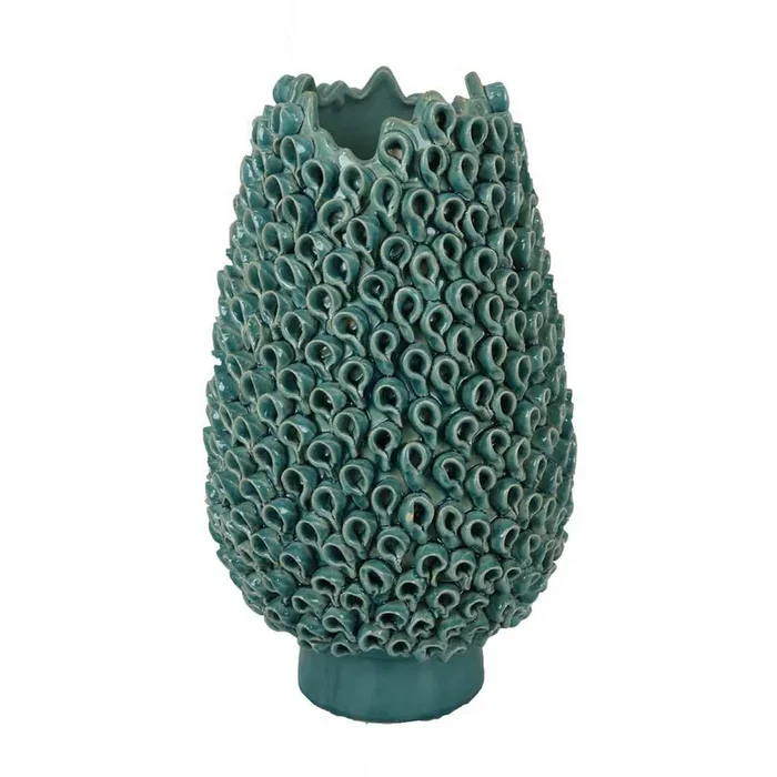 Accent Flower Vase, 3D Coral Textured Teal Green Ceramic 16 Inch – Benzara