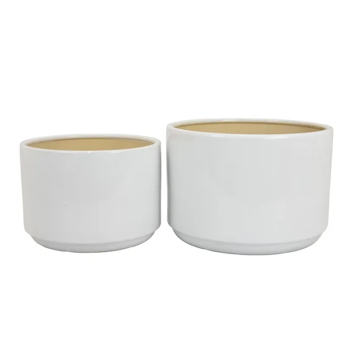 Accent Planter Set of 2, Wide Base, Modern Minimalist White Ceramic – Benzara