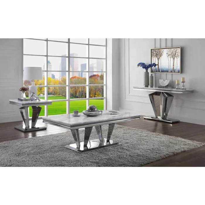 Acme Furniture ACME Satinka Coffee Table, Light Gray Printed Faux Marble & Mirrored Silver Finish