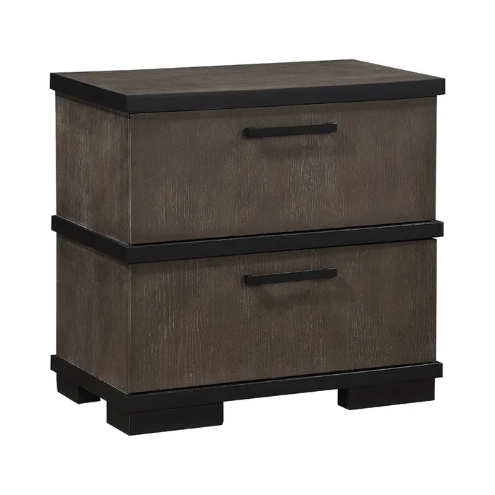 Acy Nightstand, 2 Drawers, Brownish Gray and Black Wood, Bar Handles – Benzara