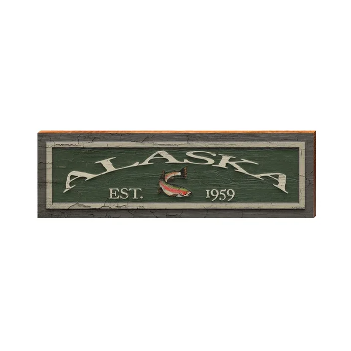 Alaska Established Date Rainbow Trout Lodge Green Wooden Sign | Wall Art Print on Real Wood