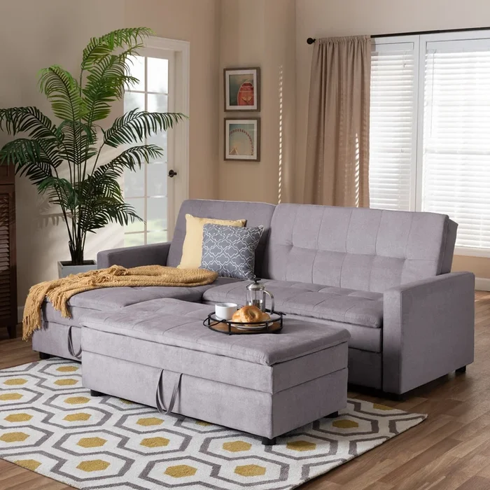 Alexis Modern Light Grey Fabric Left Facing Storage Sectional Sleeper Sofa With Ottoman