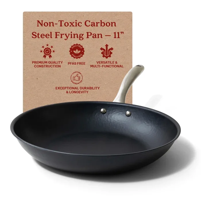 Alva Black Angus Carbon Steel Pan Pre-Seasoned with Natural Mineral Oil, Non Toxic Hammered Carbon Steel Nonstick Frying Pan Skillet for Searing Steak Compatible w/ All Stovetops, Induction Safe