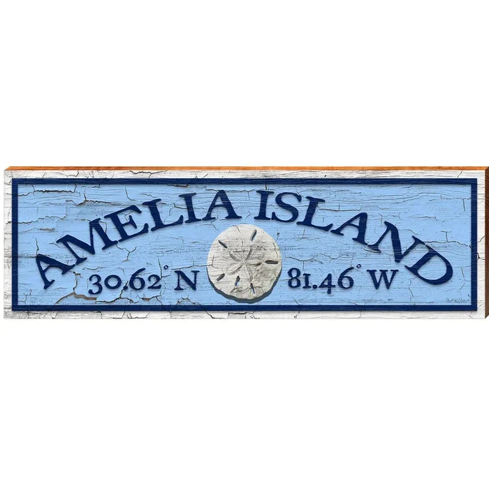 Amelia Island Sand Dollar Blue Shabby Latitude Longitude | Wall Art Print on Real Wood