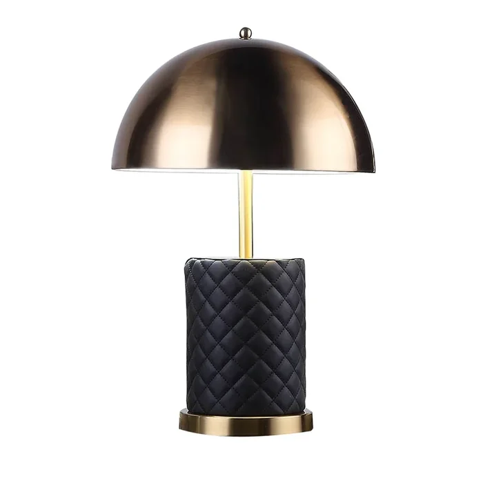 Aria 21 Inch Table Lamp, Dome Shade, Round Base, Black Faux Leather, Brass – Benzara