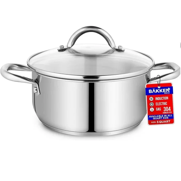 Bakken-Swiss Deluxe 3-Quart Stainless Steel Stockpot w/Tempered Glass See-Through Lid – Simmering Delicious Soups Stews & Induction Cooking – Exceptional Heat Distribution – Heavy-Duty & Food-Grade