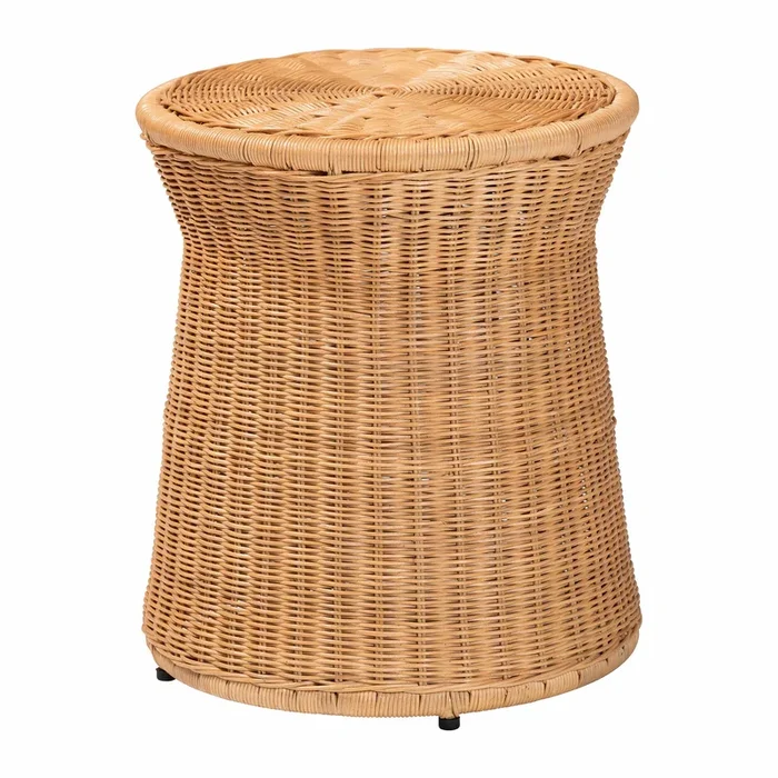 bali & pari Caroline Round Natural Rattan End Table – Handwoven Wicker Drum Shape Accent Table for Living Room or Sunroom, Light Honey.