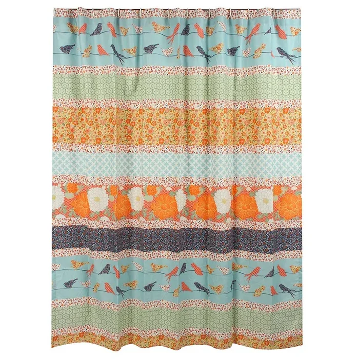 Barefoot Bungalow Carlie Florals and Whimsical Songbirds Shower Curtain 72″x72″ Calico Stripe