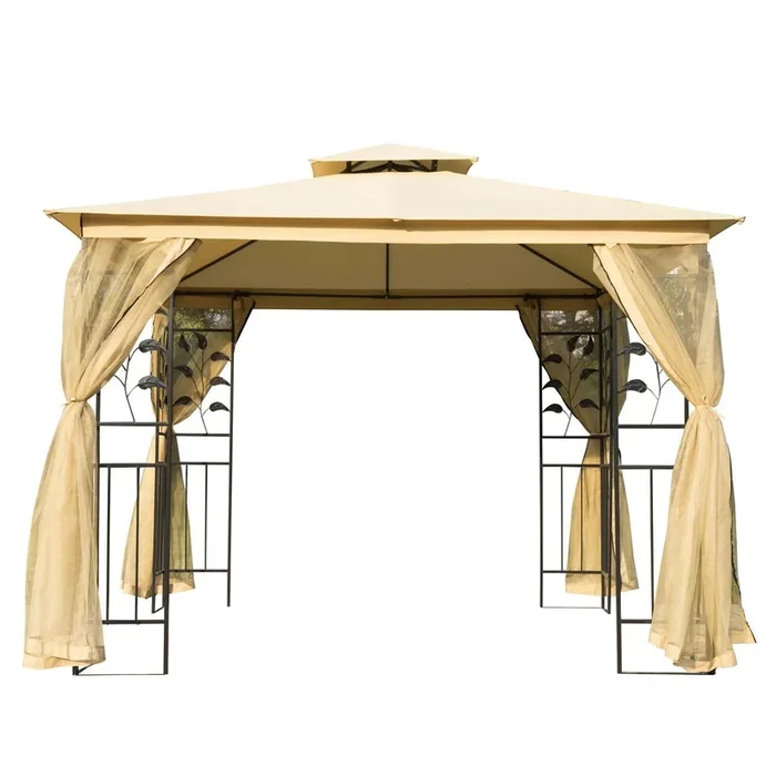 Beige Garden Shelter: 10×10 Steel Frame Gazebo with 2-Tier Roof & Mesh Walls