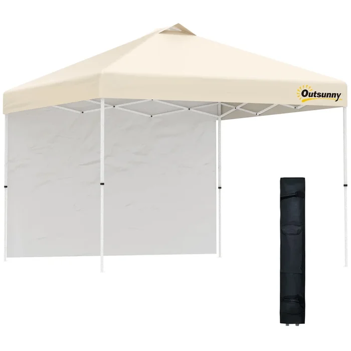 Beige Pop-Up Shelter: 10′ Party Tent with Sidewall & Wheels