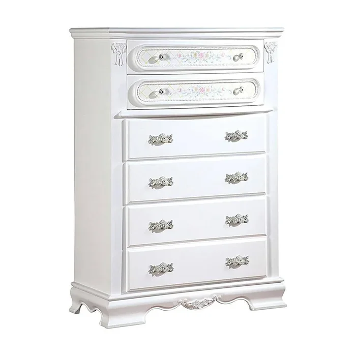 Benjara Auri 52 Inch Tall Dresser Chest, 5 Drawers, Crown Molding, White Wood