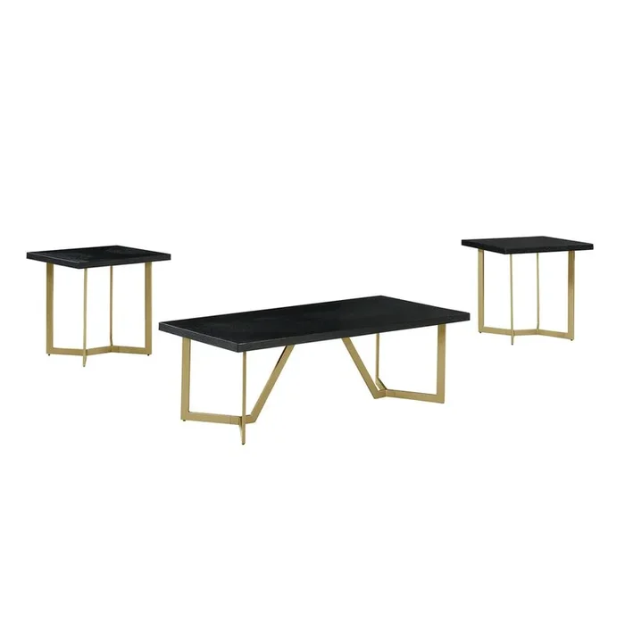 Best Quality Furniture 3pc Black wood top coffee table set w/gold color iron base (1Coffee+2end table)