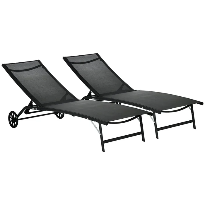 Black Outdoor Recliners: Set of 2 Patio Chaise Lounges with Wheels