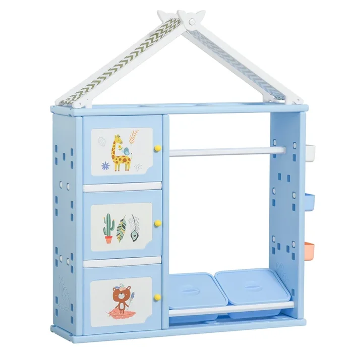 Blue Kids’ Organizer: Multi-Functional Cabinet with Bookshelf and Hanger