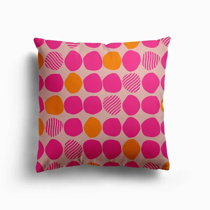 Bright Pink And Orange Polka Dot Pattern On Light Pink Background Canvas Cushion by BlueLela