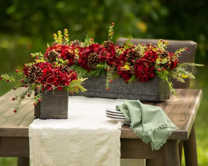 Burgundy Red Hydrangea, Wild Cranberry & Pinecone Fall Christmas Floral Arrangement Centerpiece in Metal Tin – 3 Size Options