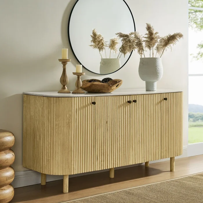 Caldera 60 ” Curved Solid Wood and Marble Sideboard Storage Cabinet by Modway