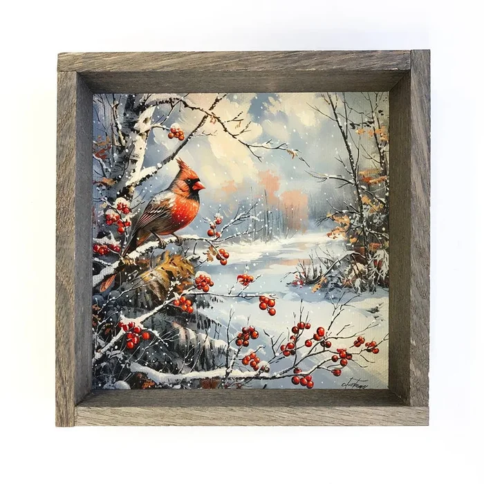 Cardinal in Snowy Winter Scene – Winter Bird Canvas Art