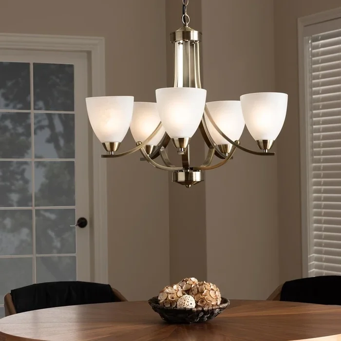 Carly Antique Brass Metal And Frosted Glass 5-Light Chandelier