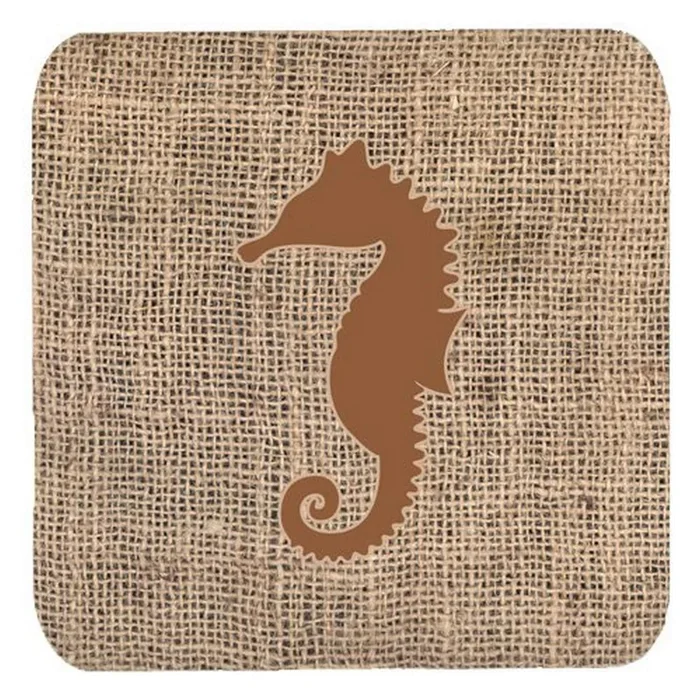 Caroline’s Treasures BB1018-BL-BN-FC Sea Horse Burlap and Brown Foam Coasters (Set of 4), 3.5 H x 3.5 W, Multicolor