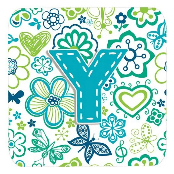Caroline’s Treasures CJ2006-YFC Letter Y Flowers and Butterflies Teal Blue Foam Coasters (Set of 4), 3.5, Multicolor