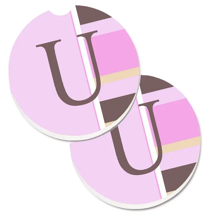 Caroline’s Treasures Letter U Initial Monogram – Pink Stripes Set of 2 Cup Holder Car Coasters CJ1005-UCARC, 2.56, Multicolor