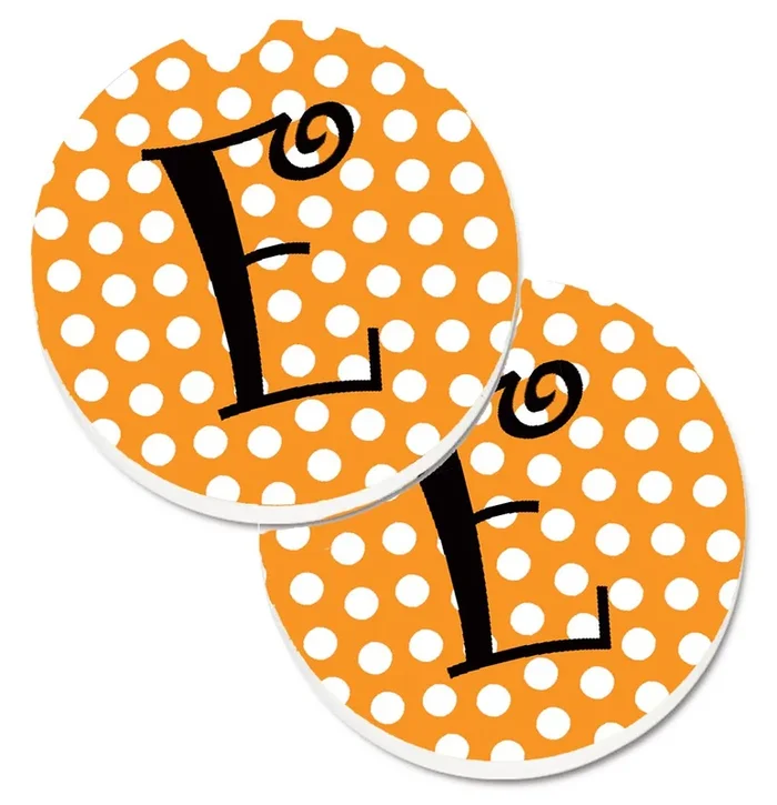 Caroline’s Treasures Monogram Initial E Orange Polkadots Set of 2 Cup Holder Car Coasters CJ1033-ECARC, 2.56, Multicolor