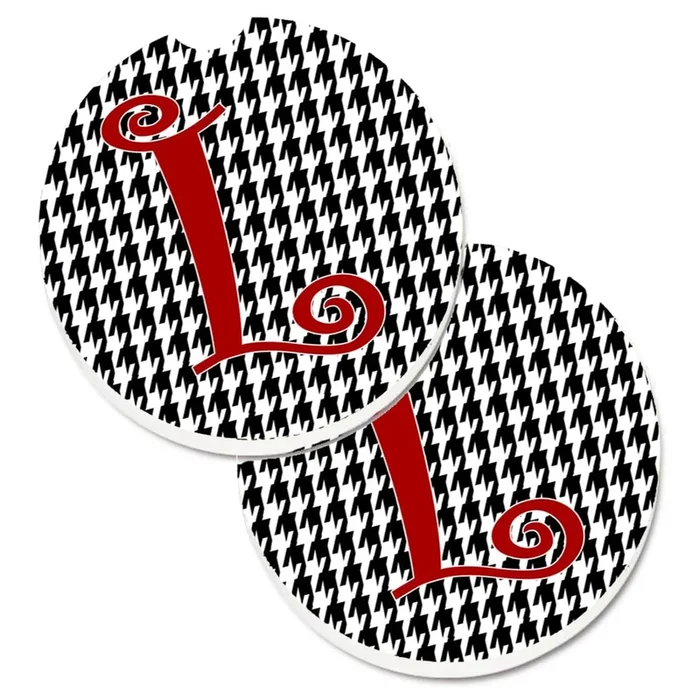 Caroline’s Treasures Monogram Initial L Houndstooth black Set of 2 Cup Holder Car Coasters CJ1035-LCARC, 2.56, Multicolor