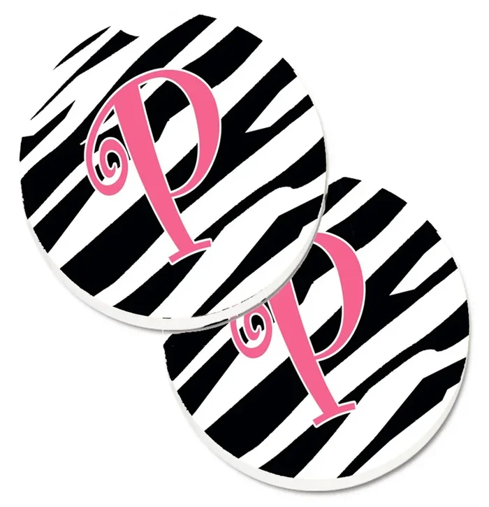 Caroline’s Treasures Monogram Initial P Zebra Stripe & Pink Set of 2 Cup Holder Car Coasters CJ1037-PCARC, 2.56, Multicolor