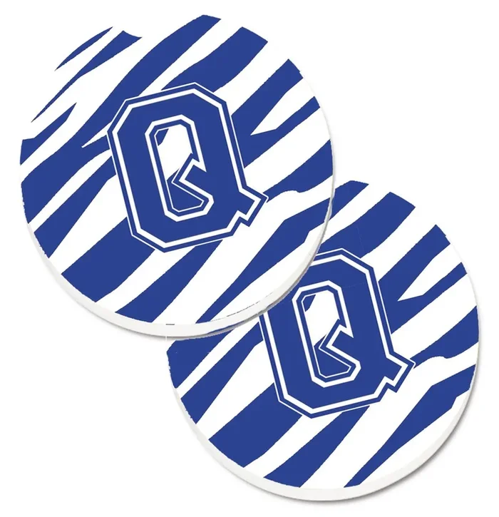 Caroline’s Treasures Monogram Initial Q Tiger Stripe Blue & White Set of 2 Cup Holder Car Coasters CJ1034-QCARC, 2.56, Multicolor
