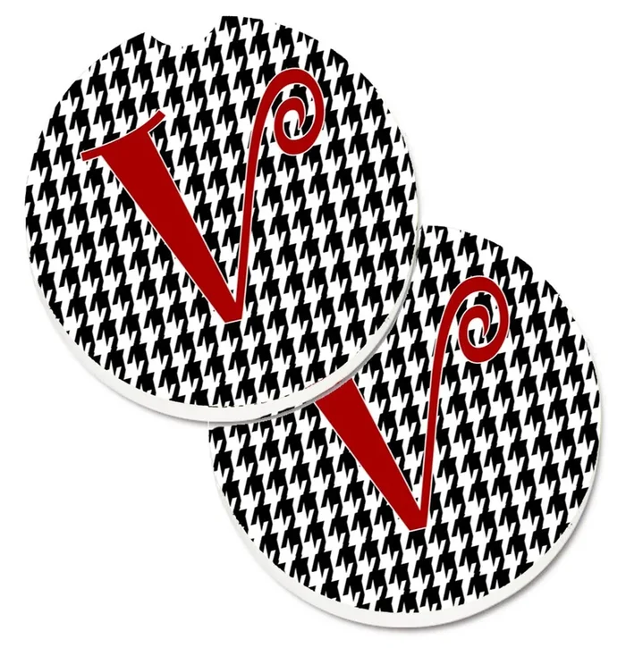 Caroline’s Treasures Monogram Initial V Houndstooth black Set of 2 Cup Holder Car Coasters CJ1035-VCARC, 2.56, Multicolor