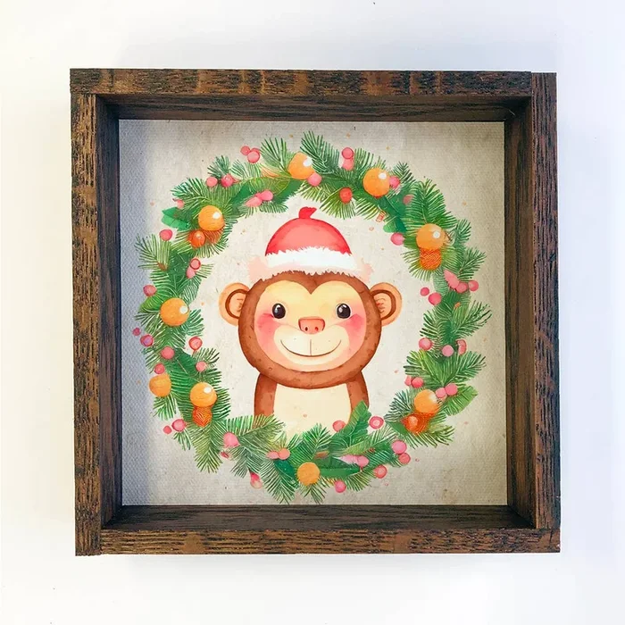 Christmas Wreath Monkey – Cute Holiday Animal – Framed Decor