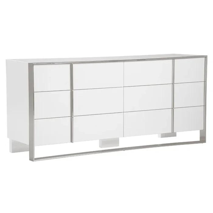 Cid Xato Dresser, Glossy White Wood w Steel Base, 6 Drawers, 68 Inch – Benzara