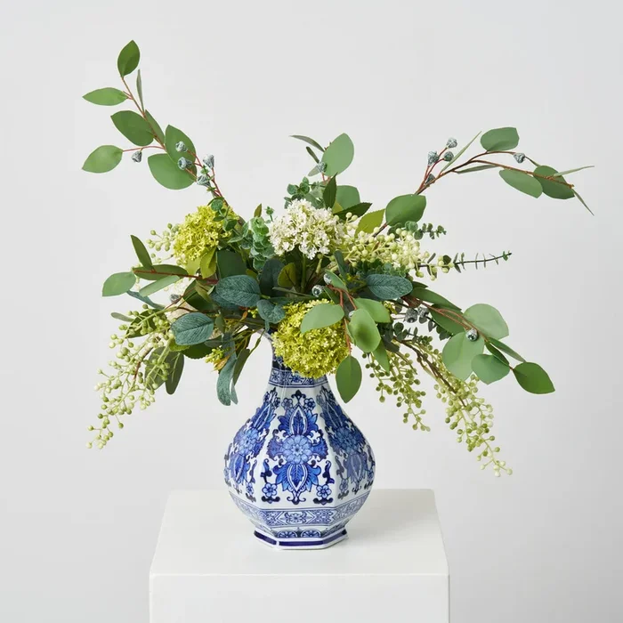 Classic Green & White Snowball Blooms with Seeding Real Touch Eucalyptus Everyday Centerpiece Arrangement in Blue & White Chinoiserie Vase